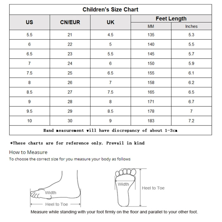 Children's sneakers size chart with US/EU/UK sizes and feet length in mm and inches