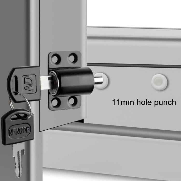 Sliding door safety lock installed on door frame with keys and 11 mm hole