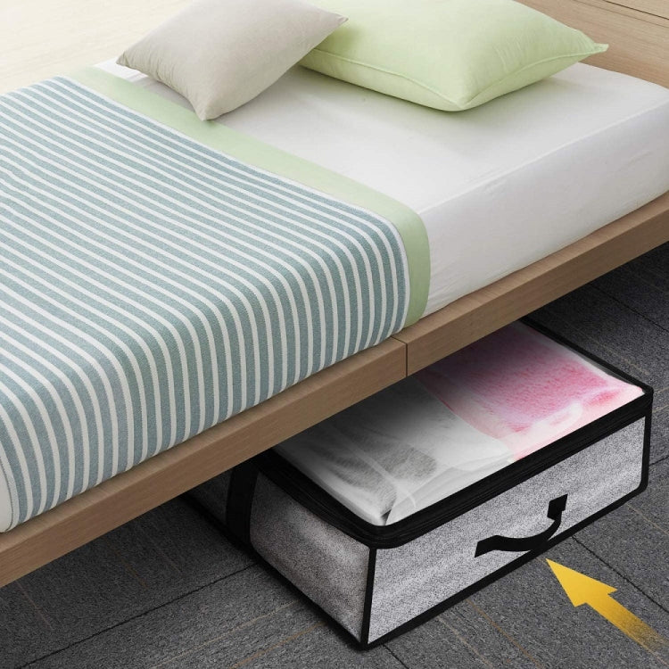 Underbed storage bag sliding under a bed, gray non-woven with black zipper top