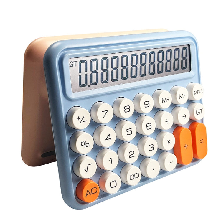 Blue 12-digit calculator with large white round keys and orange function buttons