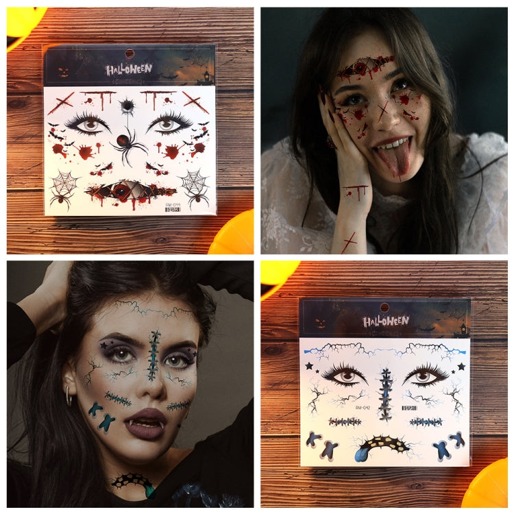 Halloween face tattoo sticker sheet with red-and-black dripping eye and cheek designs