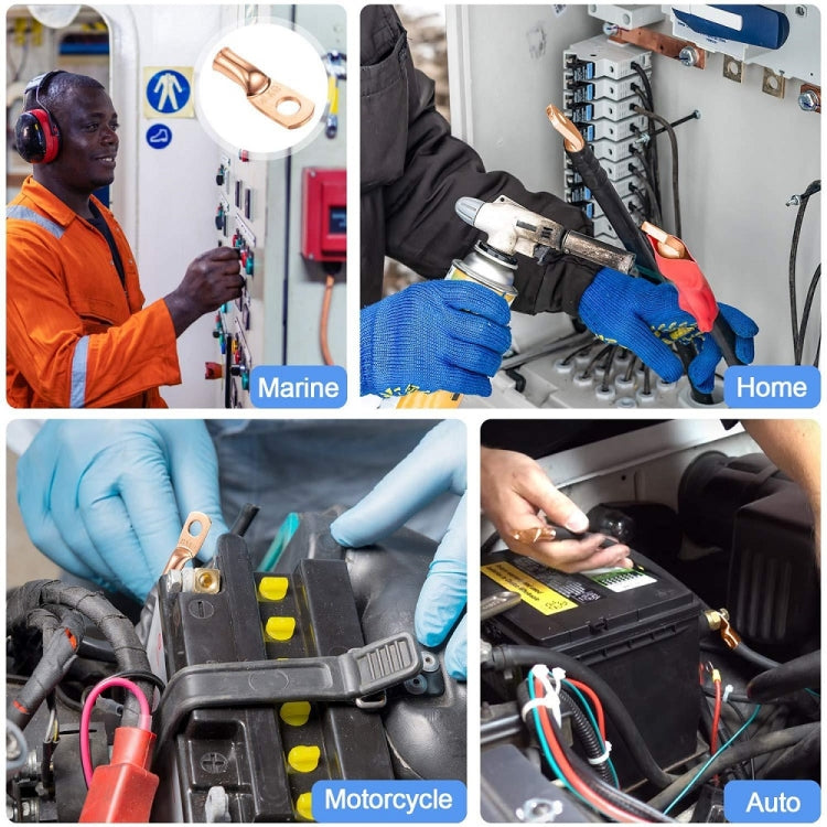 Copper ring terminals installed on auto, motorcycle, and marine wiring