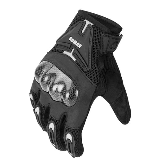 Black motorcycle riding gloves with breathable mesh, armored knuckles, and wrist strap.