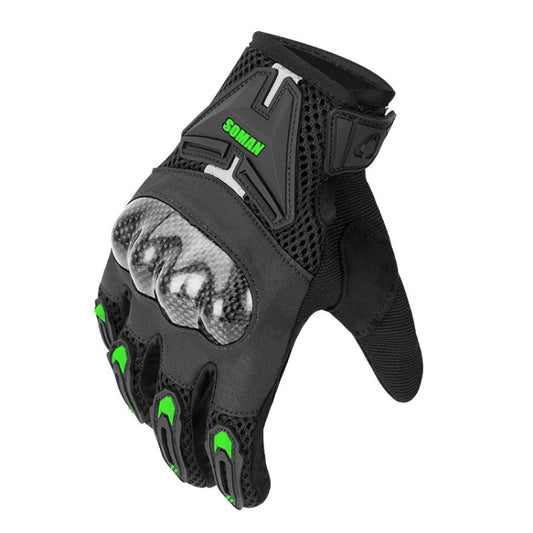 Black motorcycle riding gloves with green accents, breathable mesh, armored knuckles, wrist strap.