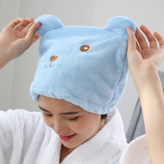 Blue bear cartoon coral velvet hair drying turban cap with embroidered face, fleece texture