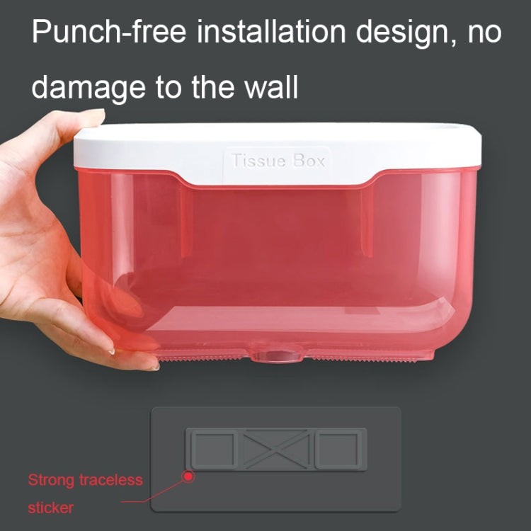 Transparent tissue box holder with white lid and pink side panels; wall-mount