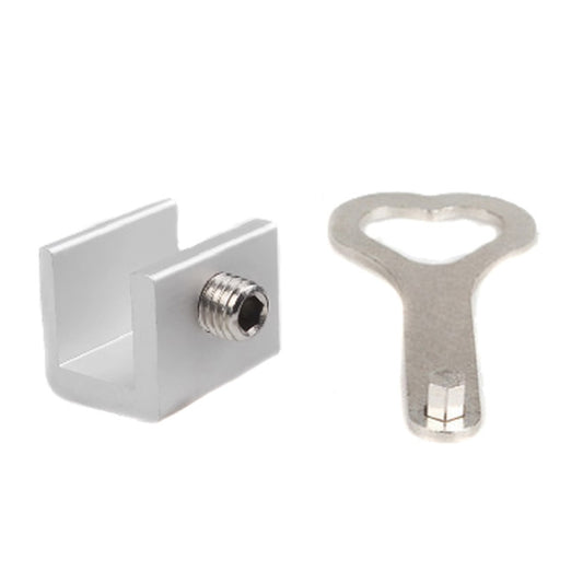 Child safety window limiter latch with key, white metal bracket and gray metal key