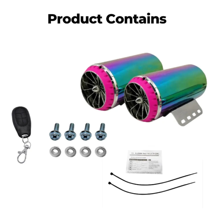 Motorcycle exhaust speaker set with remote, screws, and wiring accessories in box