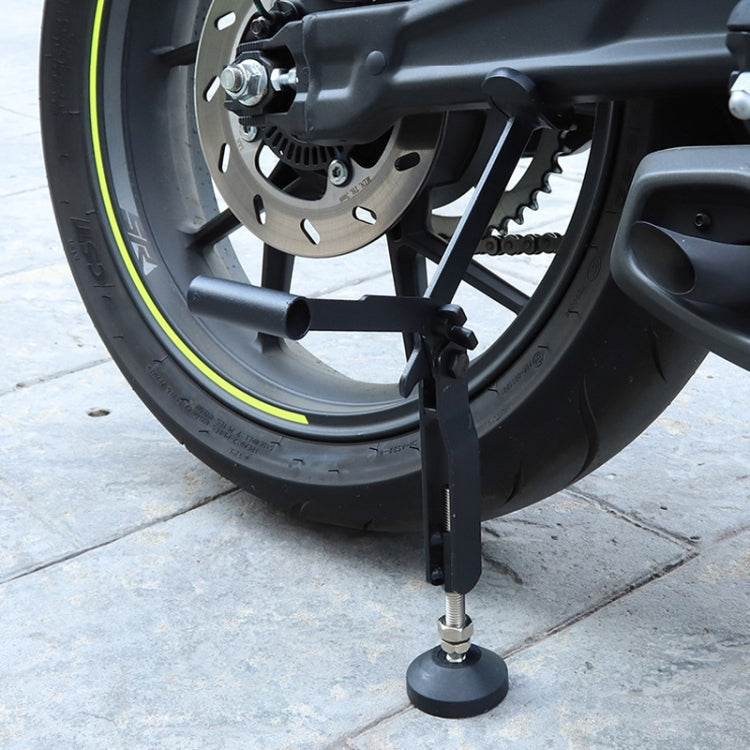 Rear wheel lifting stand holding motorcycle wheel, black folding support