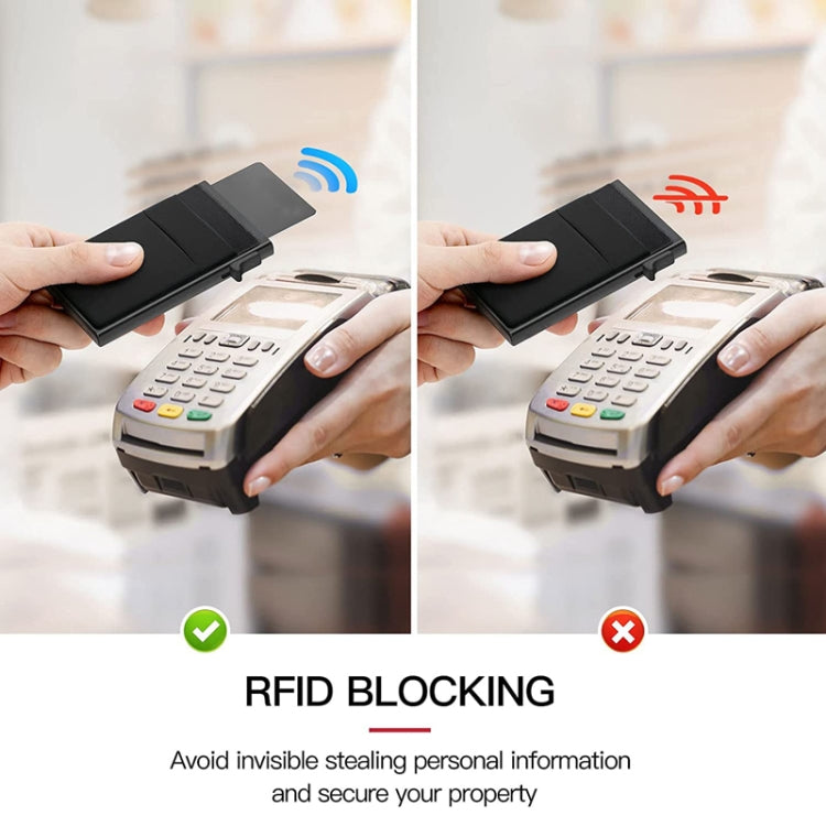 Black RFID-blocking card wallet used at a payment terminal, cards protected from scanning