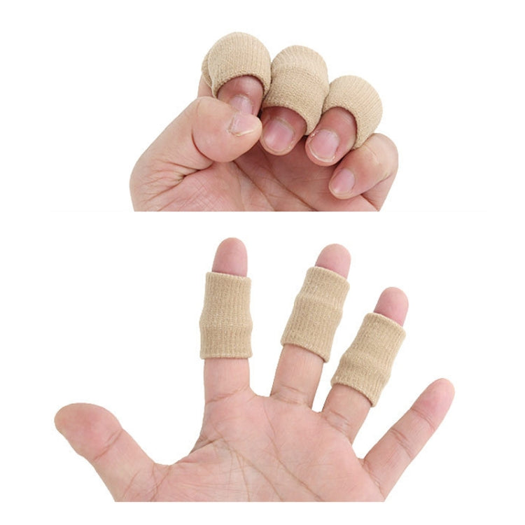Three beige finger joint sleeves on hand, ribbed stretch finger guards