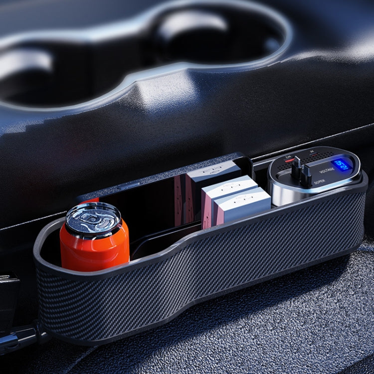 Car seat gap storage box with carbon-fiber tray and charging ports, cables attached