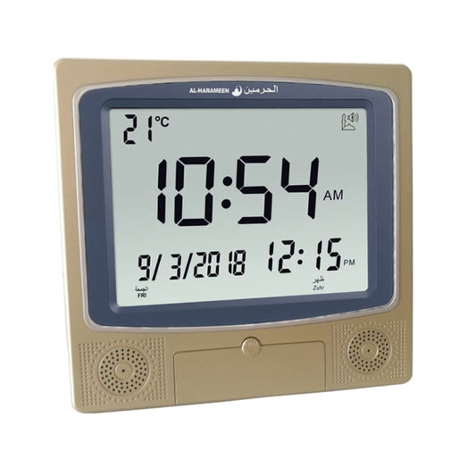 Gold desktop digital perpetual calendar alarm clock with large LCD time display