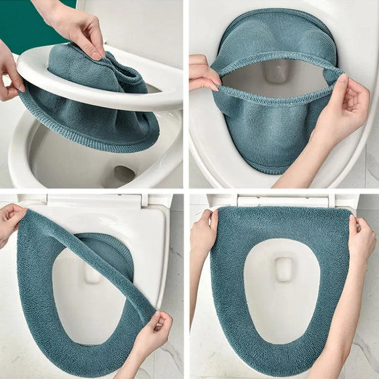 Knitted toilet seat cover pad with handle, dark teal blue, oval toilet fit
