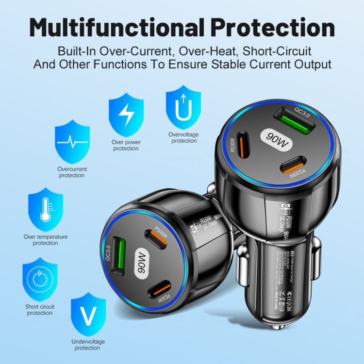 Black compact car charger with blue LED ring and multiple USB charging ports