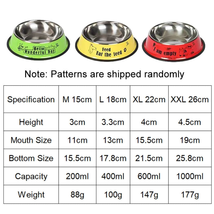 Four sizes of stainless steel pet food bowls with anti-slip bases: M to XXL.