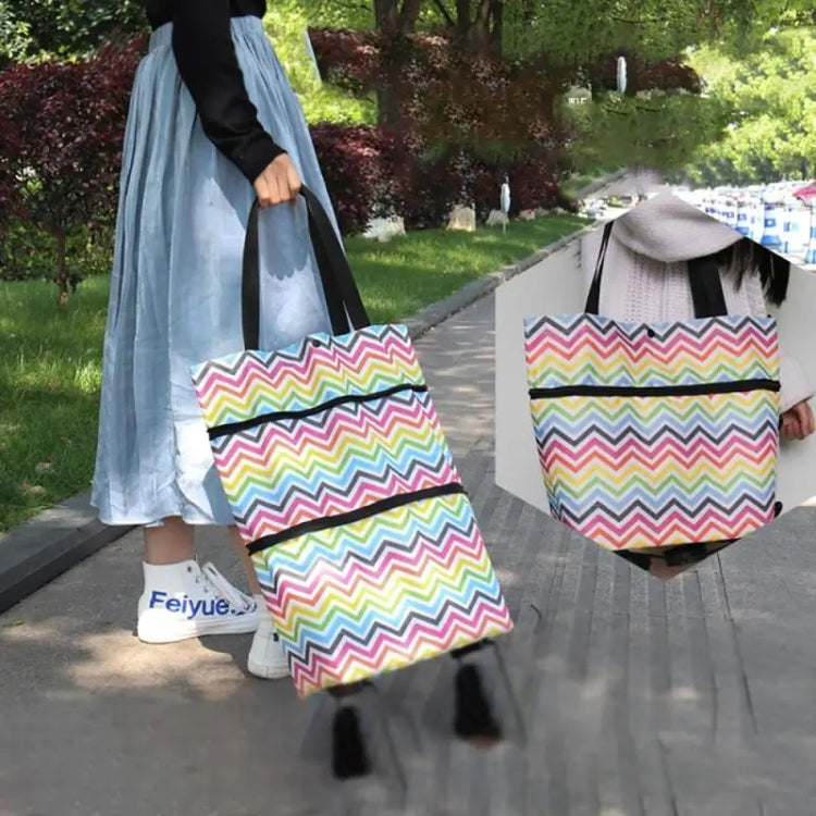 Foldable shopping trolley cart with multicolor zigzag tote carried on a shopping walk