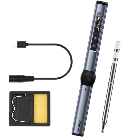 Blue mini soldering station with digital display, stand base, and soldering tip