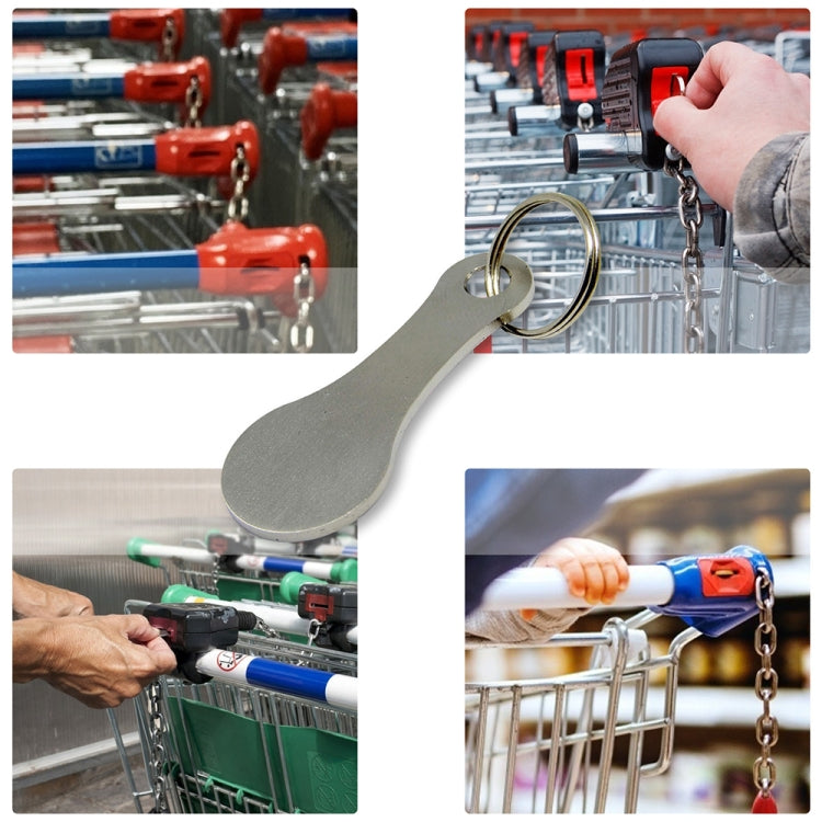 Gray metal shopping trolley key ring token with loop ring and chain attached to cart.