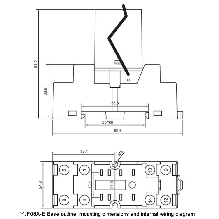 Relay base outline and mounting dimensions with internal wiring diagram, labeled diagram view