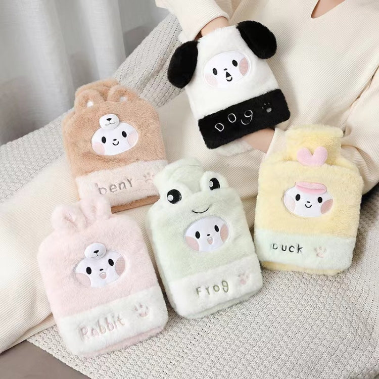 Assorted plush hand warmers on display: panda, bear, rabbit, frog, duck