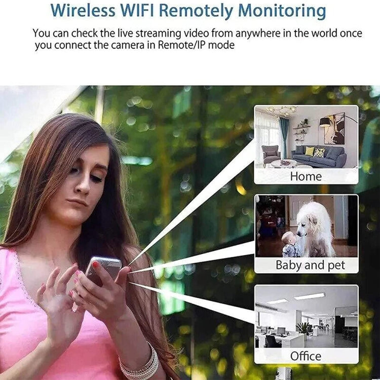 Mini WiFi security camera streaming live video to a phone with room thumbnails