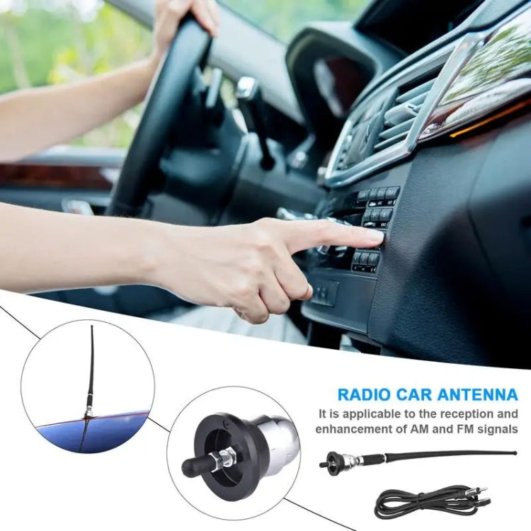 Car radio antenna base and wiring harness with flexible mast for installation