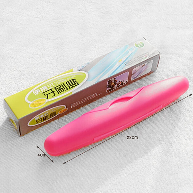 Pink travel toothbrush case with lid, shown with retail packaging box