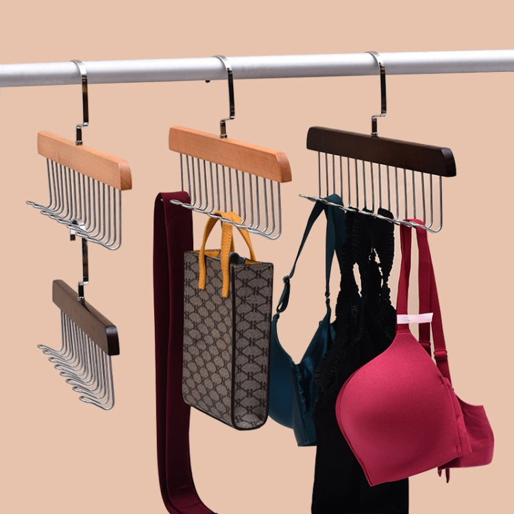 Multiple wooden hanger organizer racks on a bar with lingerie hanging