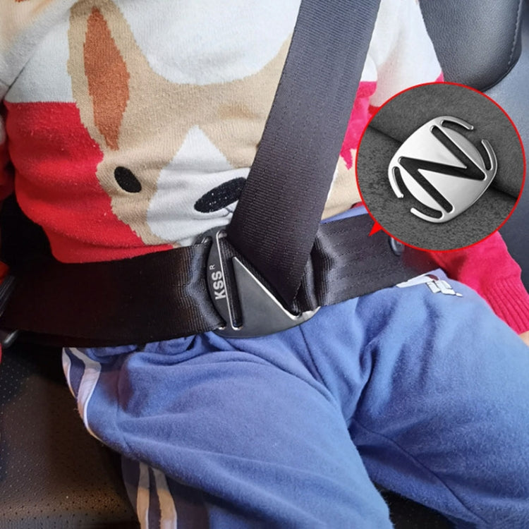 Car seat belt limiter clip on seat belt, dark triangle with silver logo details