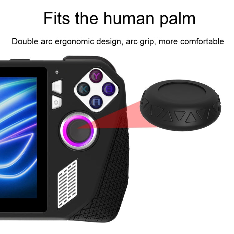 Black silicone cover detail with large thumb pads and purple button-cap accents for game console
