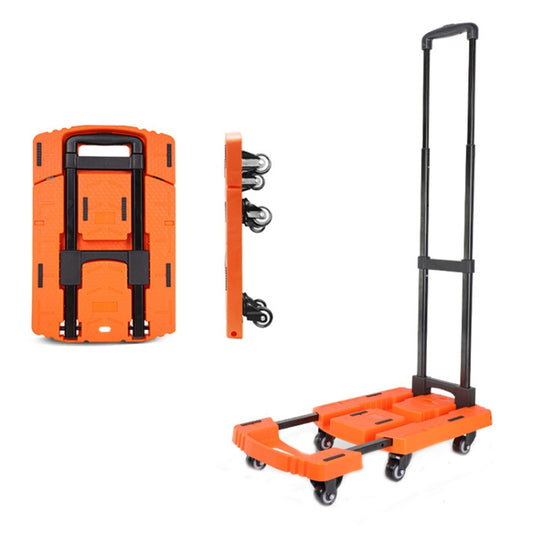 Orange folding hand trolley with telescoping handle and four caster wheels