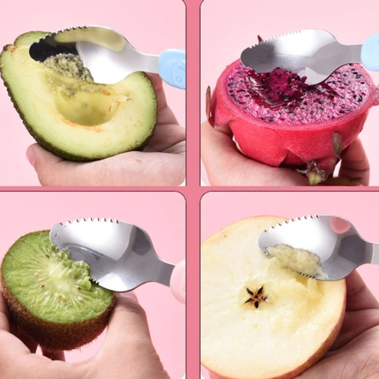 Baby fruit double-ended scraping spoon set, blue and pink silicone handles with stainless scrapers