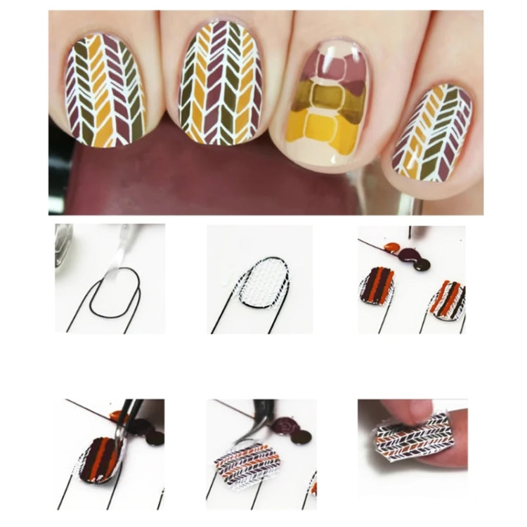 Nail art sample with leaf-pattern and color-block manicures plus silicone pad steps