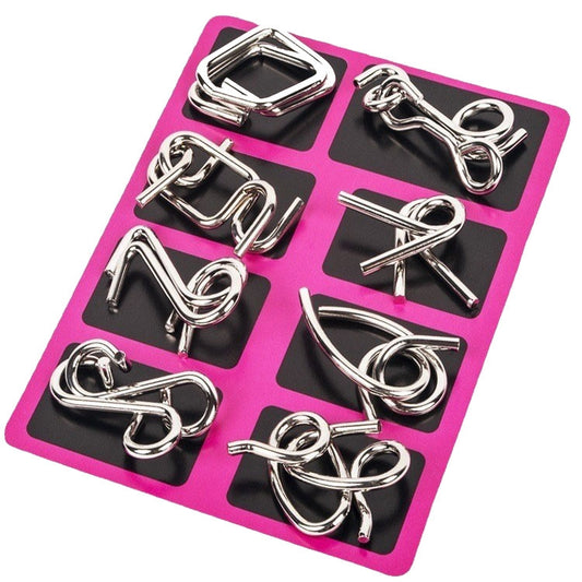 Nine-link metal puzzle set with shiny interlocking pieces on a pink card