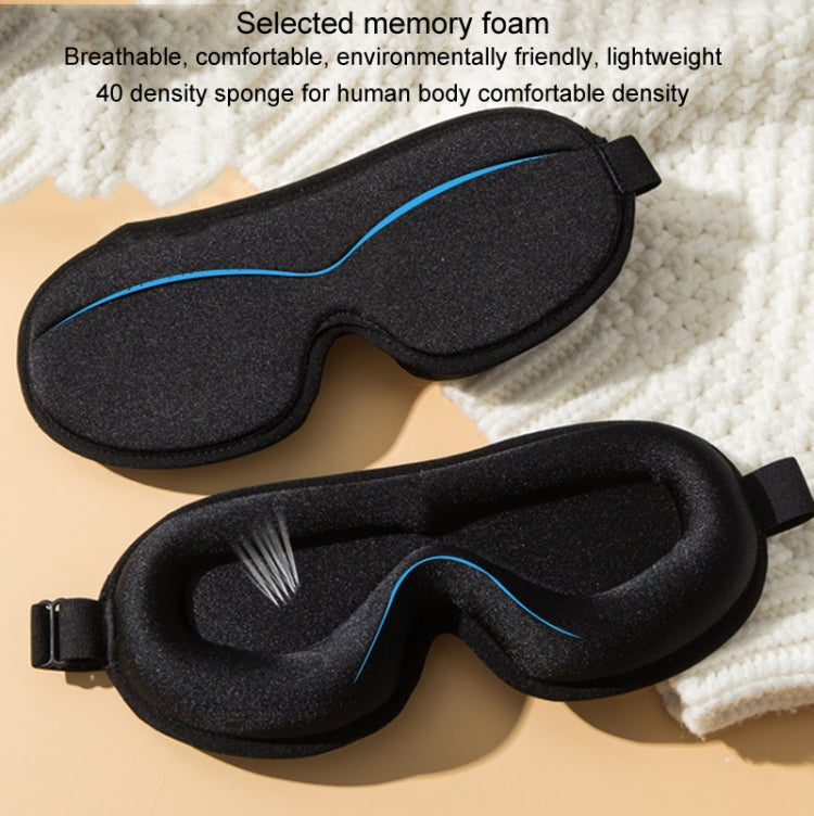 Black memory-foam style sleep eye mask with blue-trim comfort lining and strap