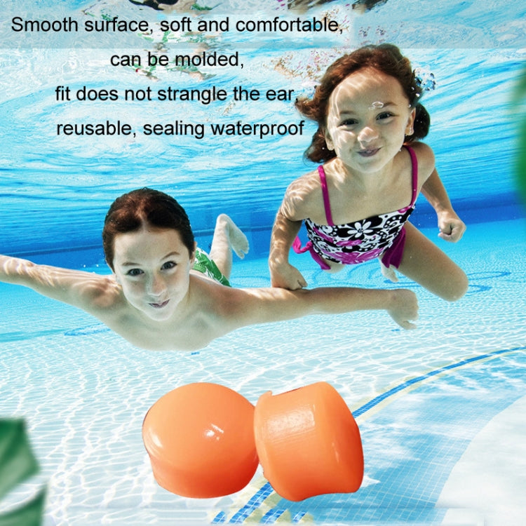 Orange silicone children earplugs shown with kids in pool, waterproof molded tips