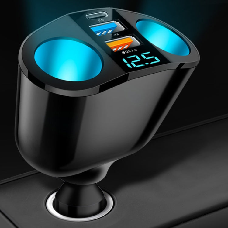 Dual USB Type-C car charger with digital screen, two ports, and blue LED accents