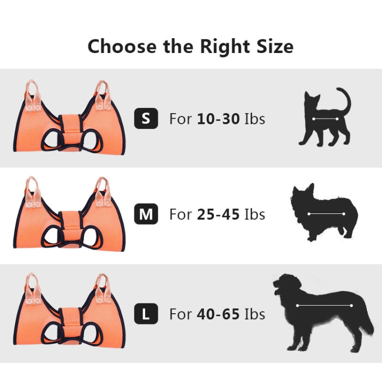 Pet grooming hammock sizing guide with S, M, and L options for cats and dogs