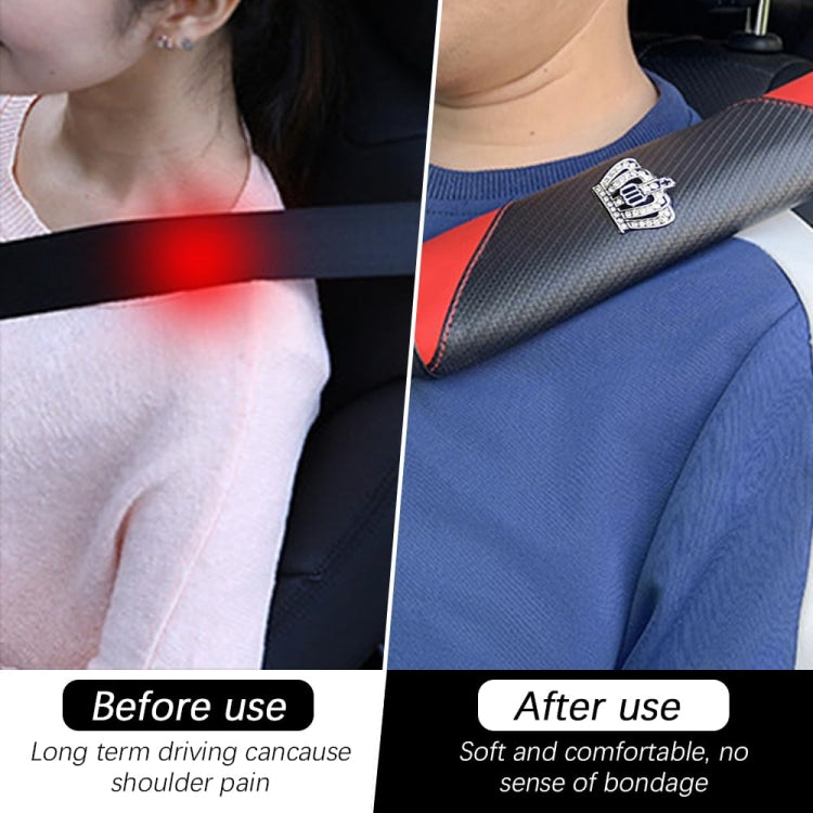 Car seat belt shoulder protection cover with carbon-fiber style texture and emblem, black