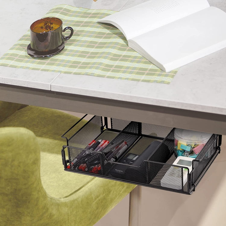 Under-desk hidden tray organizer sliding out from beneath desk with mesh compartments