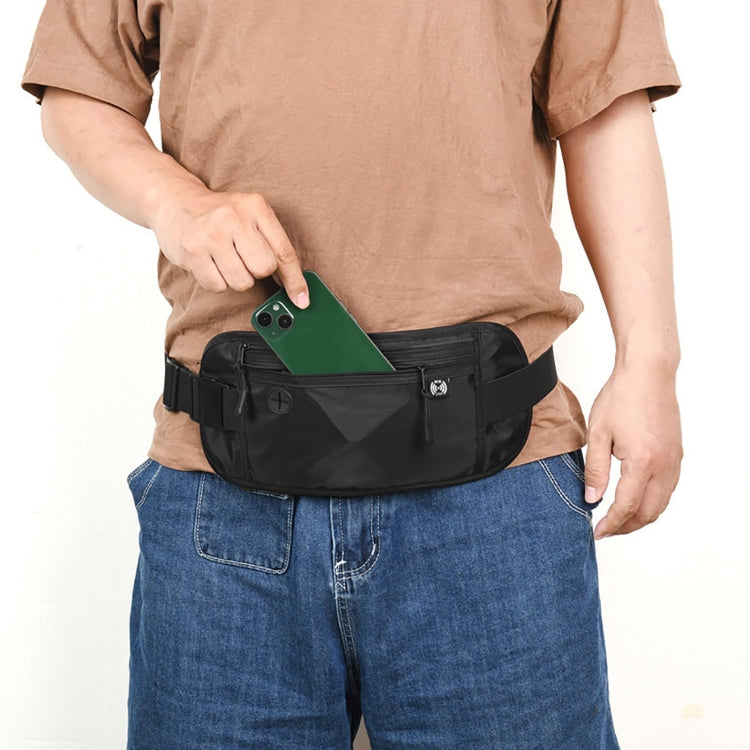 Black waterproof waist pack with zip pocket holding a smartphone, worn at the waist