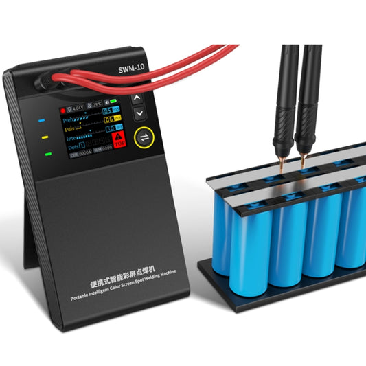 Handheld battery spot welding machine with LCD control panel and red welding leads