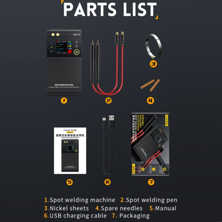 Spot welding machine kit with welding pen, nickel sheets, needles, cables, and manual