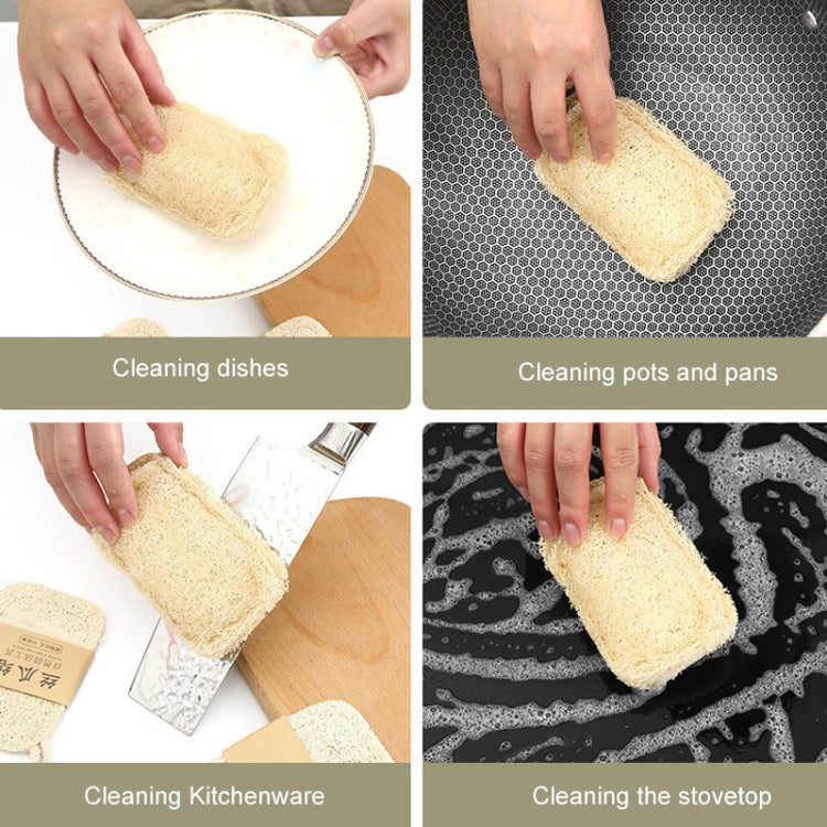 Natural loofah cleaning pad brush shown scrubbing dishes, cookware, and stovetop surfaces