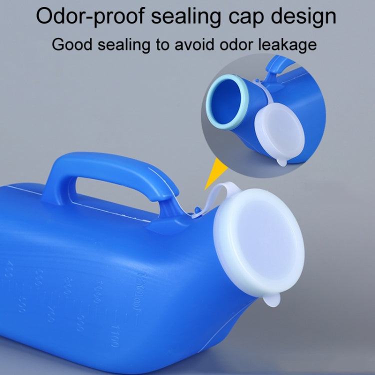 Blue plastic male urinal with snap sealing cap and round lid over spout