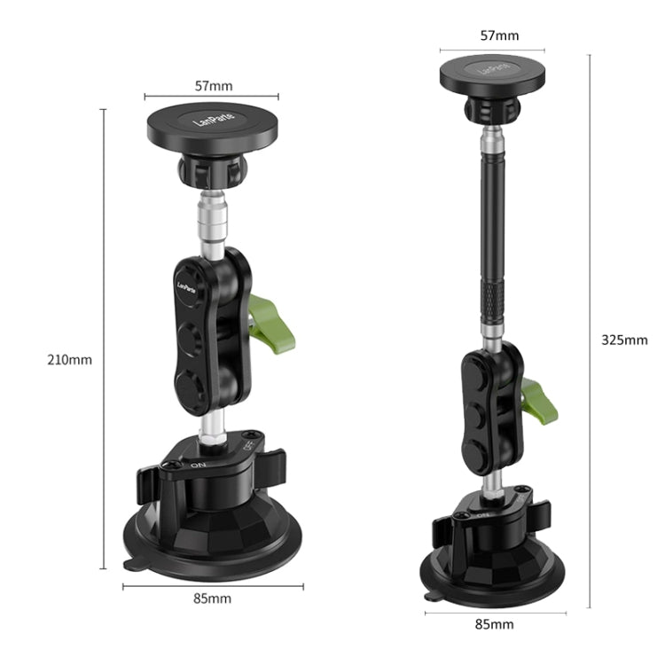 Adjustable suction cup phone holder with green lever, shown with size measurements