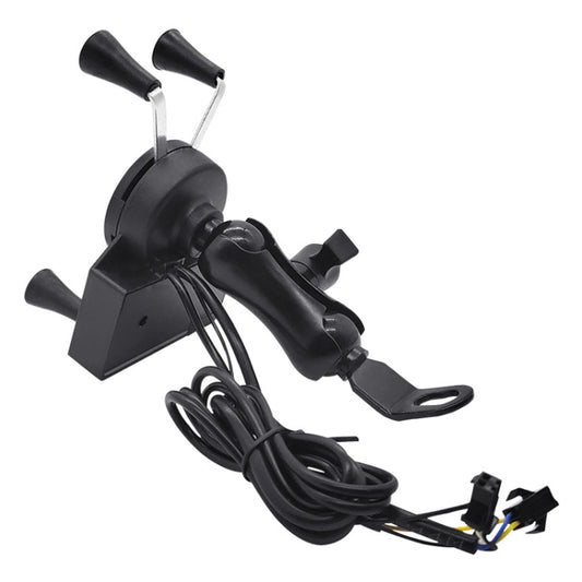 Motorcycle phone charging stand with Bluetooth speaker, black cradle with handlebar mount and cord