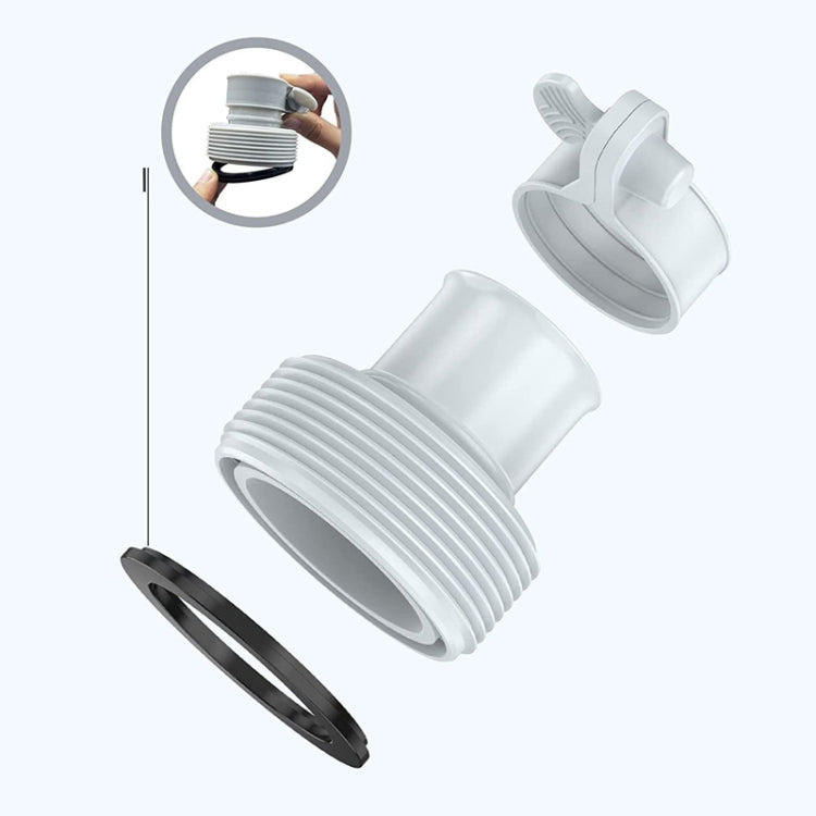 Intex Type B hose adapter parts view, white ribbed connector with black gasket disk