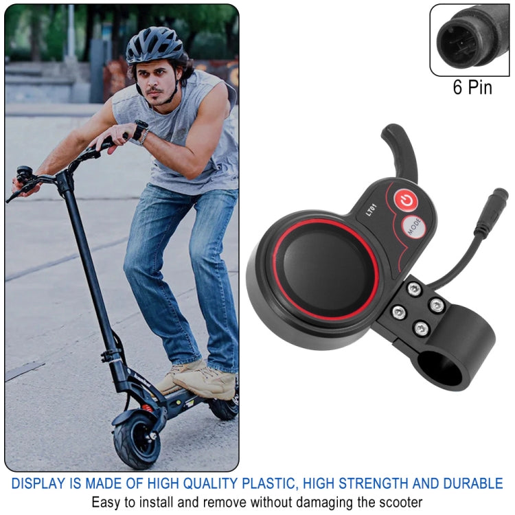 Electric scooter instrument display with round screen, red ring, and wired connector